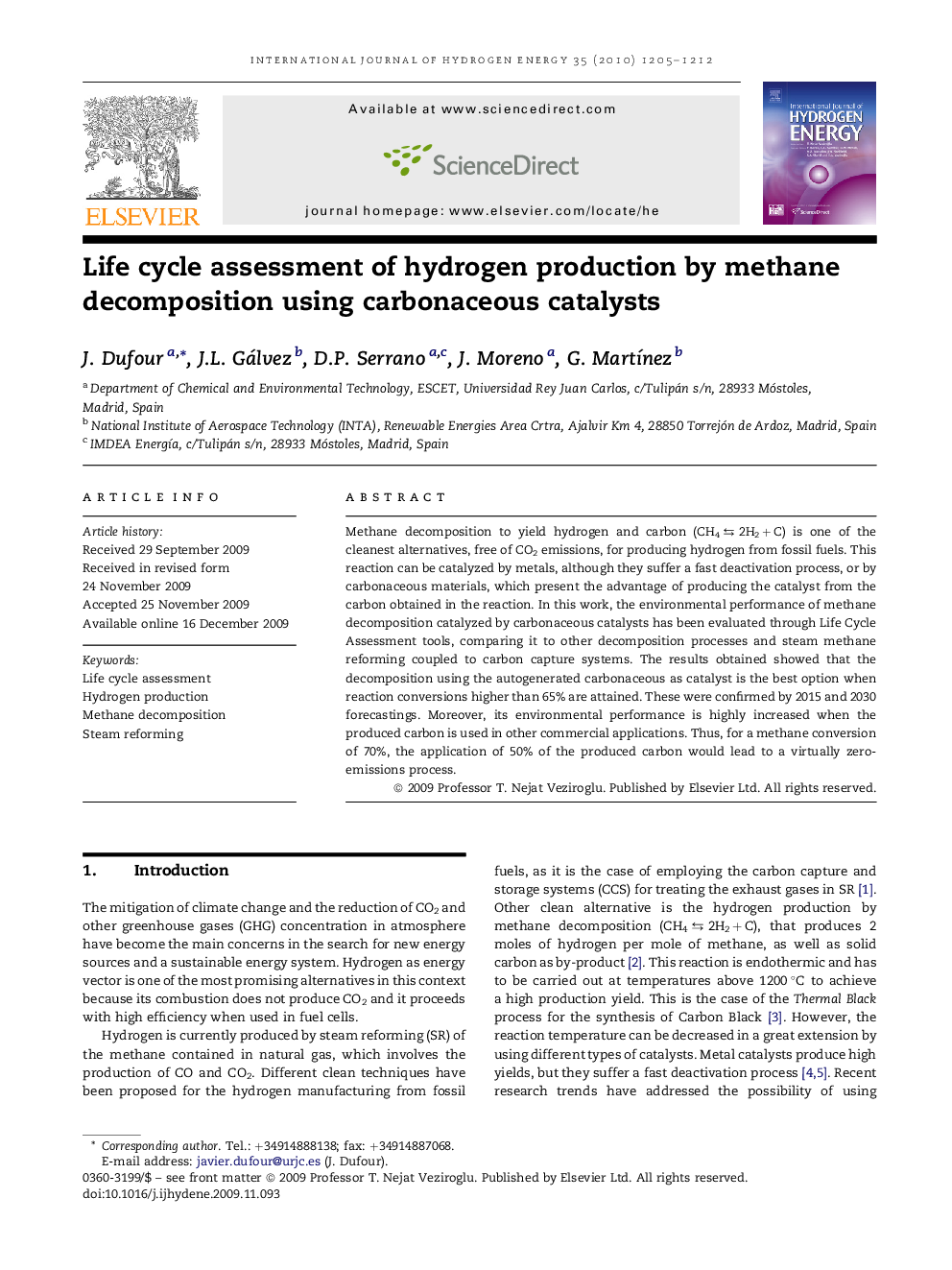 Life cycle assessment of hydrogen production by methane decomposition using carbonaceous catalysts