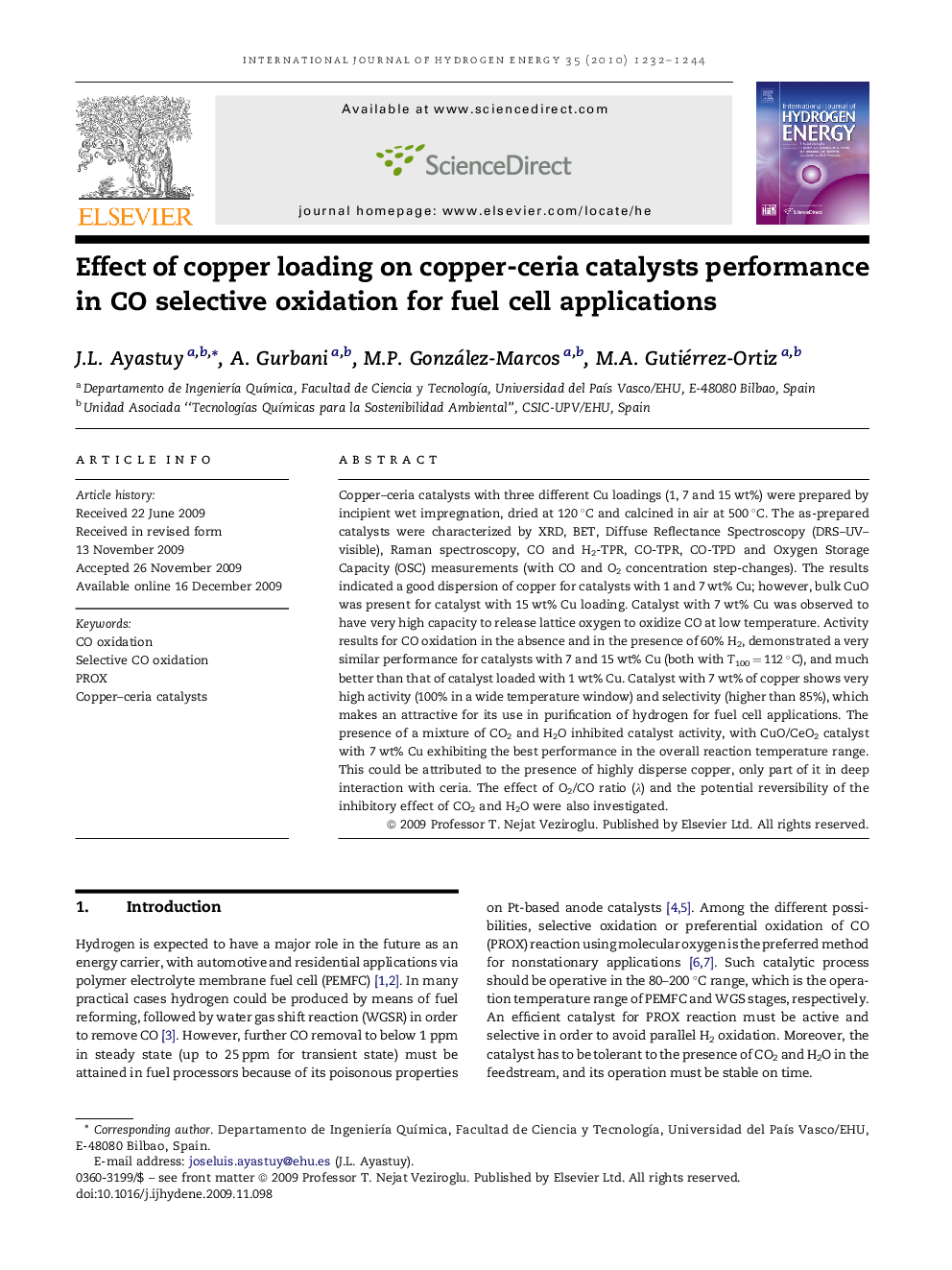 Effect of copper loading on copper-ceria catalysts performance in CO selective oxidation for fuel cell applications