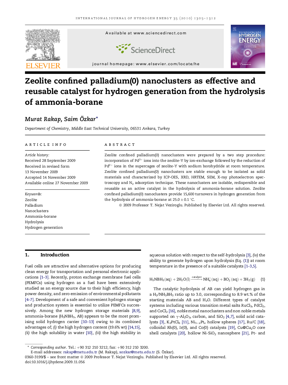 Zeolite confined palladium(0) nanoclusters as effective and reusable catalyst for hydrogen generation from the hydrolysis of ammonia-borane