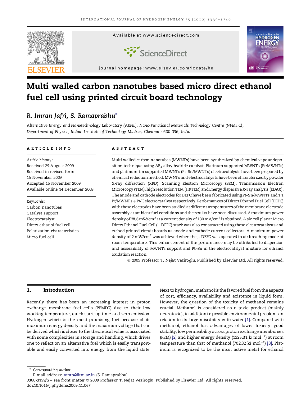 Multi walled carbon nanotubes based micro direct ethanol fuel cell using printed circuit board technology