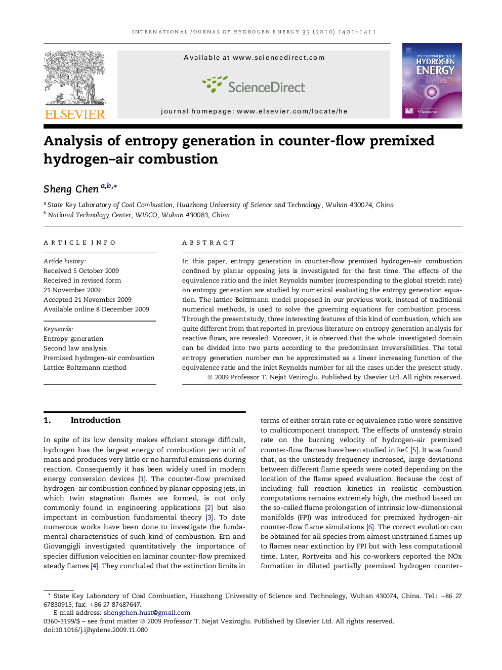 Analysis of entropy generation in counter-flow premixed hydrogen–air combustion