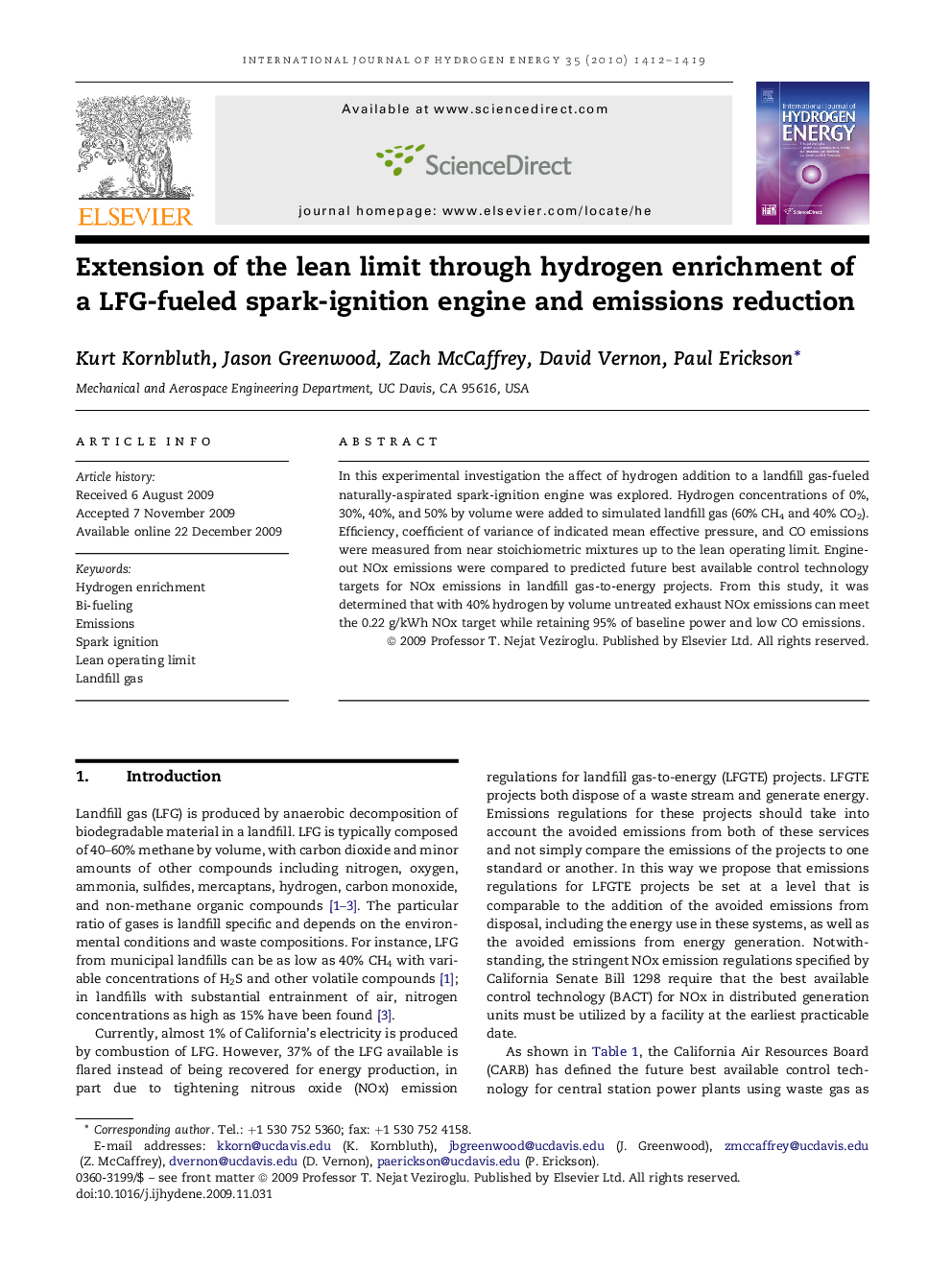 Extension of the lean limit through hydrogen enrichment of a LFG-fueled spark-ignition engine and emissions reduction