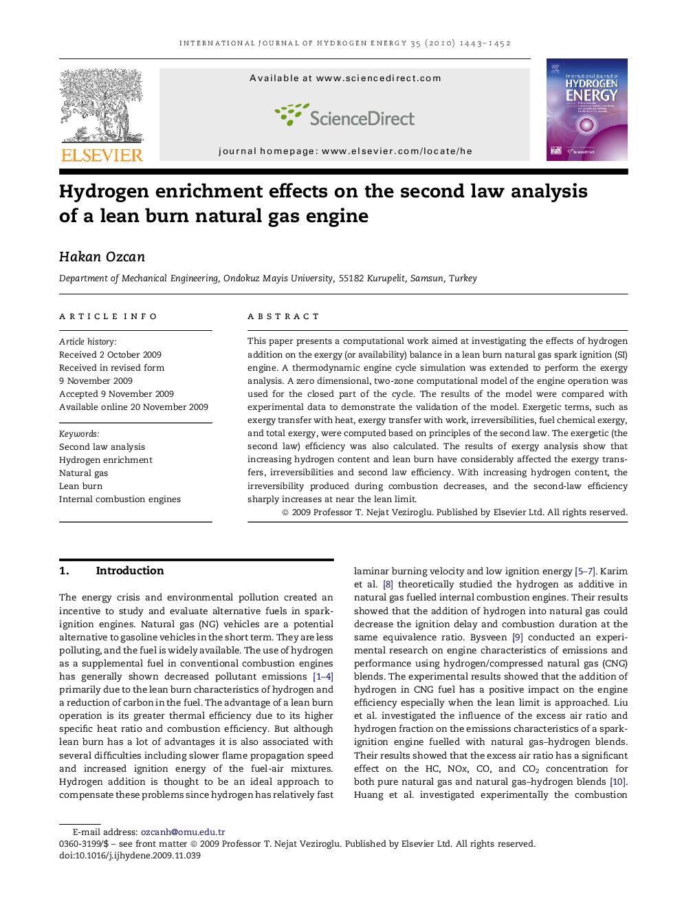 Hydrogen enrichment effects on the second law analysis of a lean burn natural gas engine