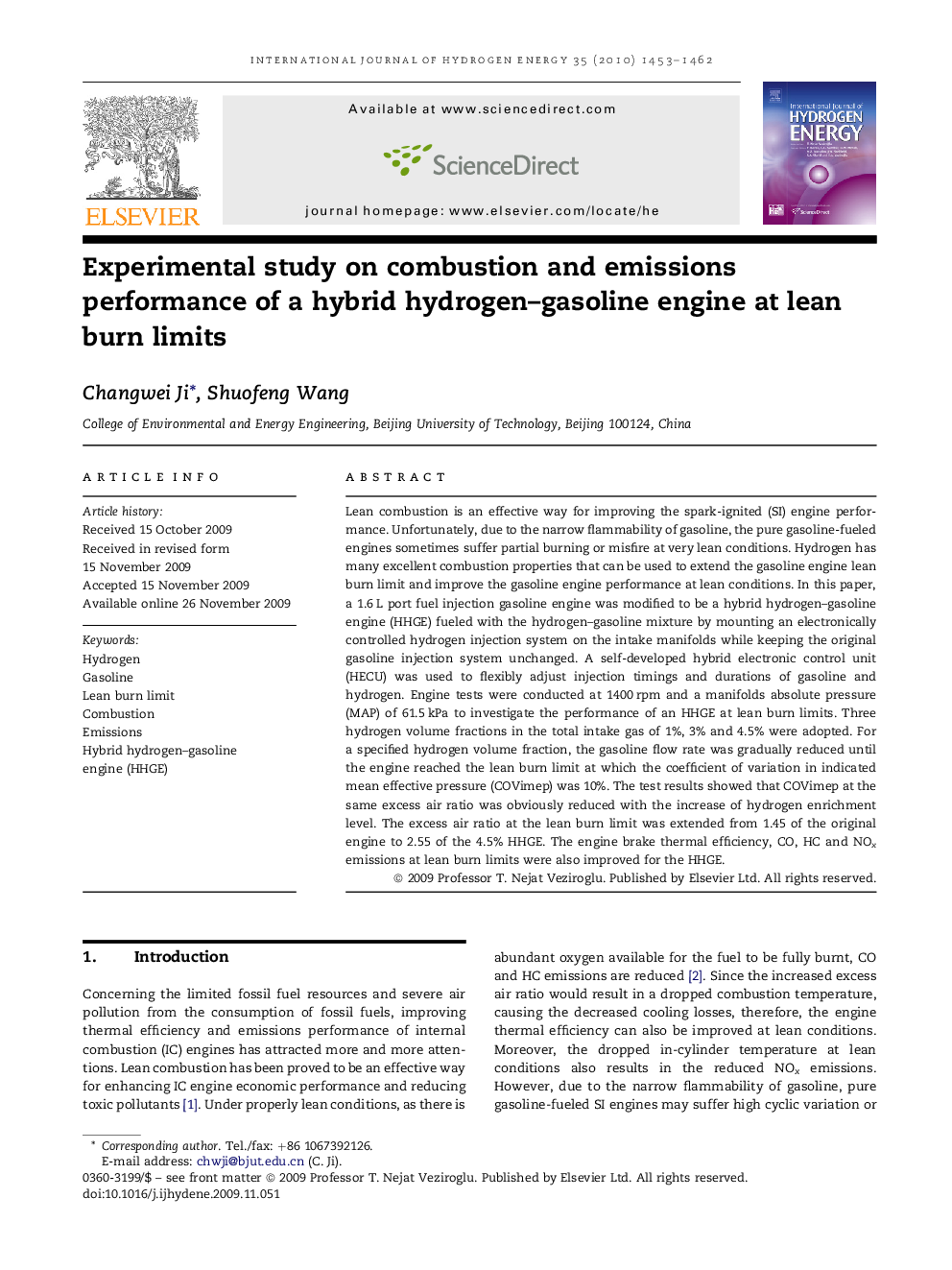 Experimental study on combustion and emissions performance of a hybrid hydrogen–gasoline engine at lean burn limits