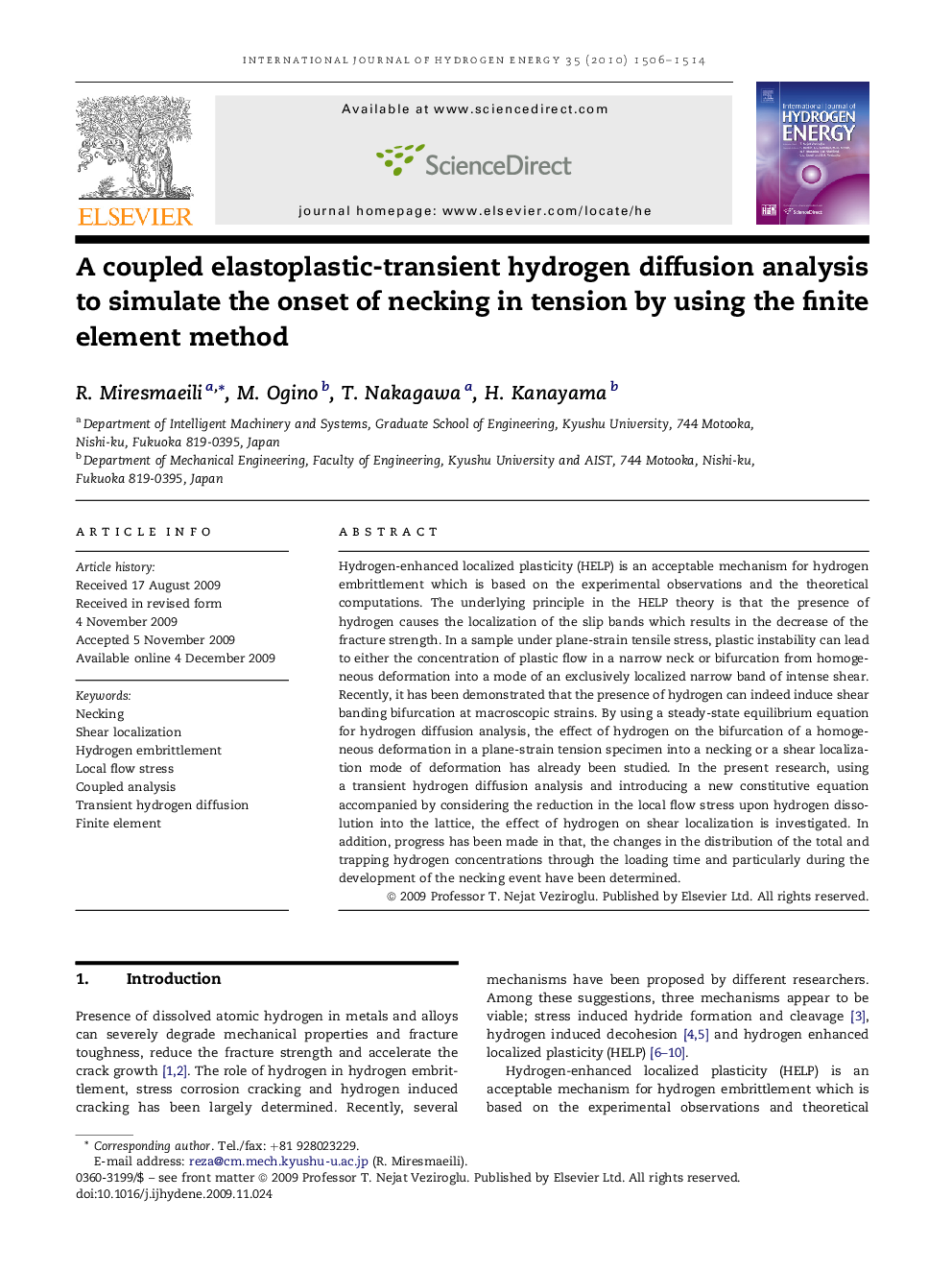 A coupled elastoplastic-transient hydrogen diffusion analysis to simulate the onset of necking in tension by using the finite element method