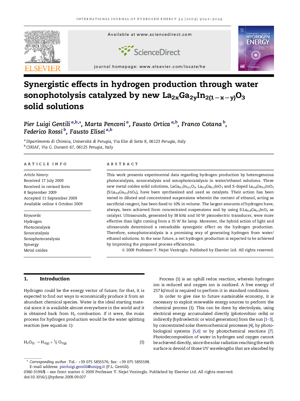 Synergistic effects in hydrogen production through water sonophotolysis catalyzed by new La2xGa2yIn2(1−x−y)O3 solid solutions