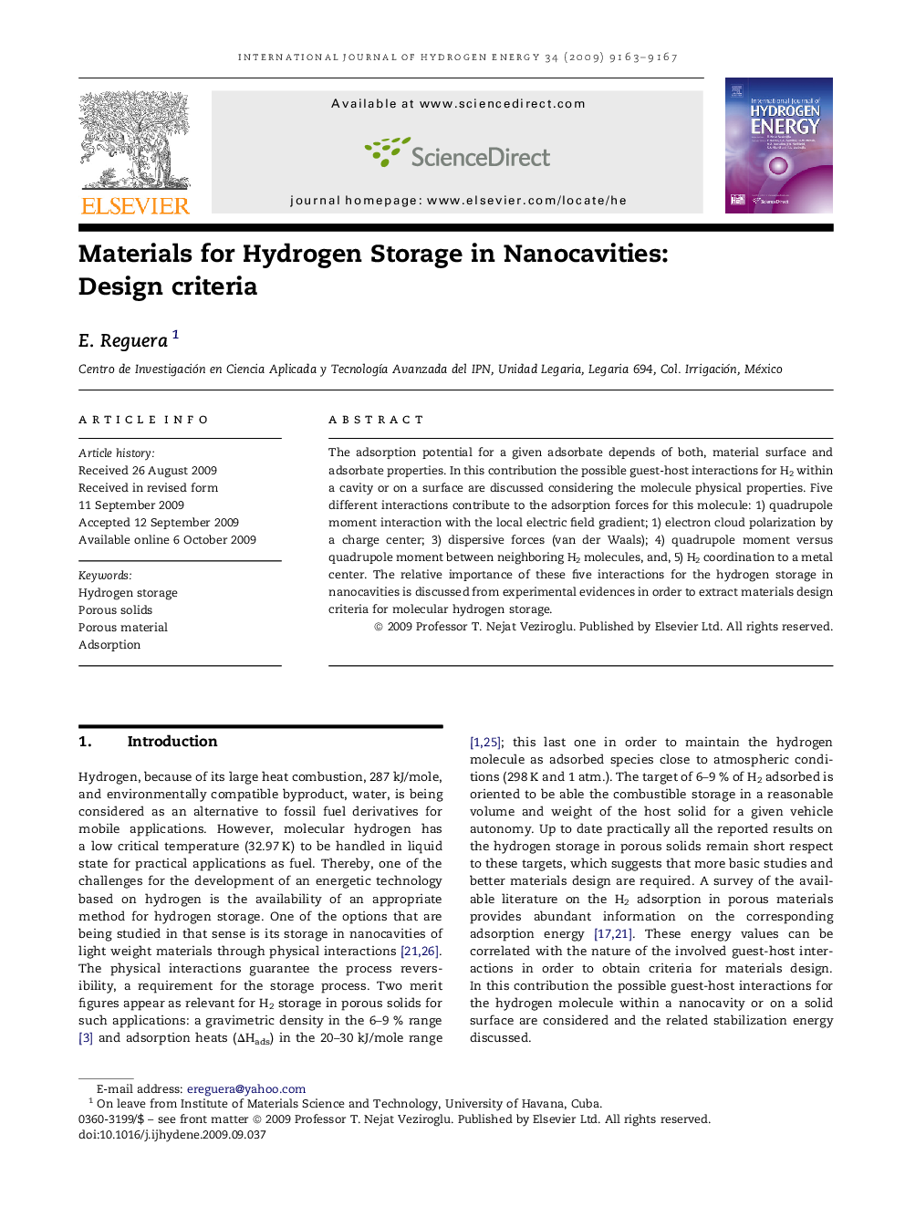 Materials for Hydrogen Storage in Nanocavities: Design criteria