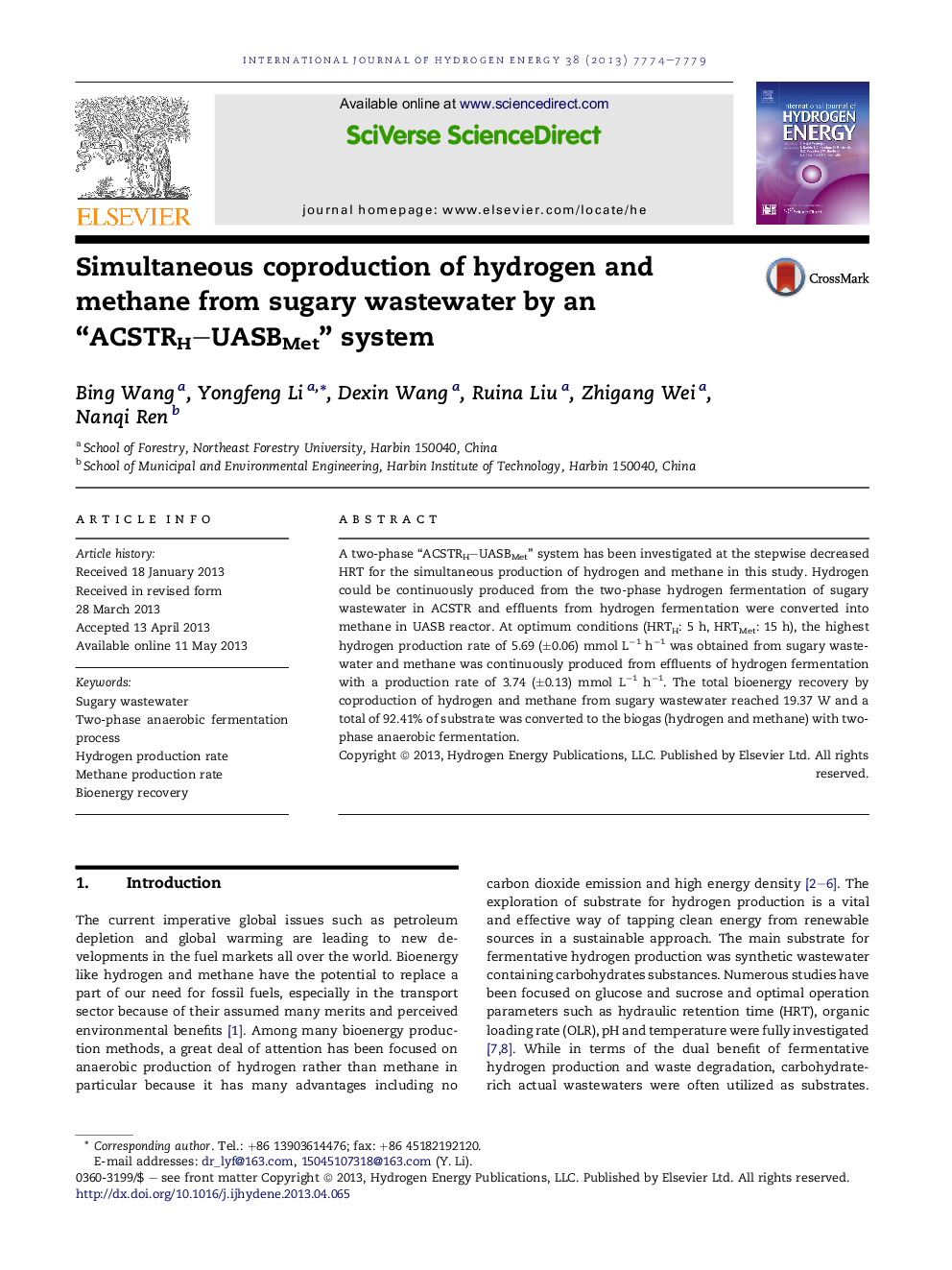 Simultaneous coproduction of hydrogen and methane from sugary wastewater by an “ACSTRH–UASBMet” system