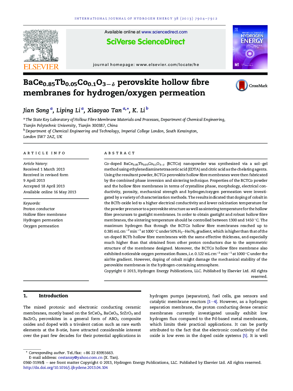 BaCe0.85Tb0.05Co0.1O3−δ perovskite hollow fibre membranes for hydrogen/oxygen permeation