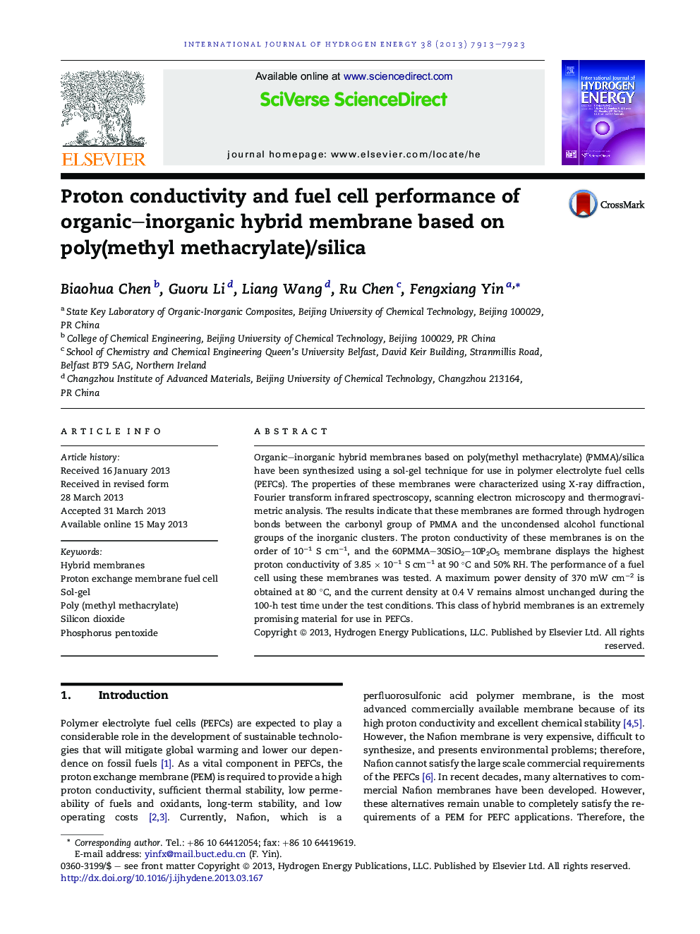 Proton conductivity and fuel cell performance of organic–inorganic hybrid membrane based on poly(methyl methacrylate)/silica