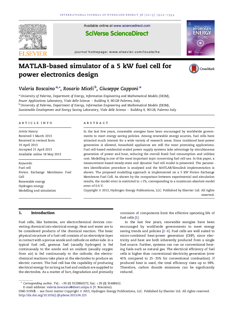 MATLAB-based simulator of a 5 kW fuel cell for power electronics design