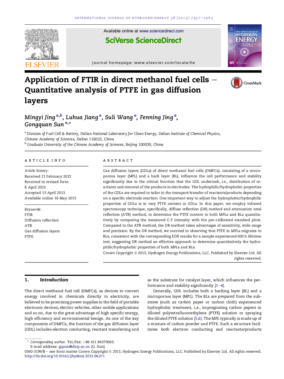 Application of FTIR in direct methanol fuel cells – Quantitative analysis of PTFE in gas diffusion layers