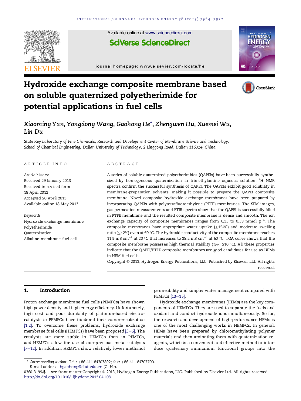 Hydroxide exchange composite membrane based on soluble quaternized polyetherimide for potential applications in fuel cells