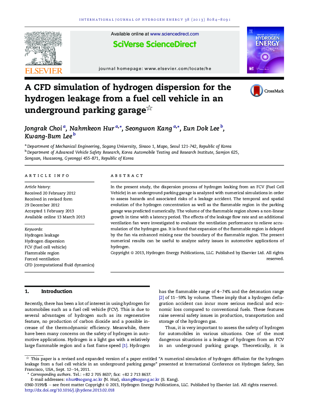 A CFD simulation of hydrogen dispersion for the hydrogen leakage from a fuel cell vehicle in an underground parking garage 