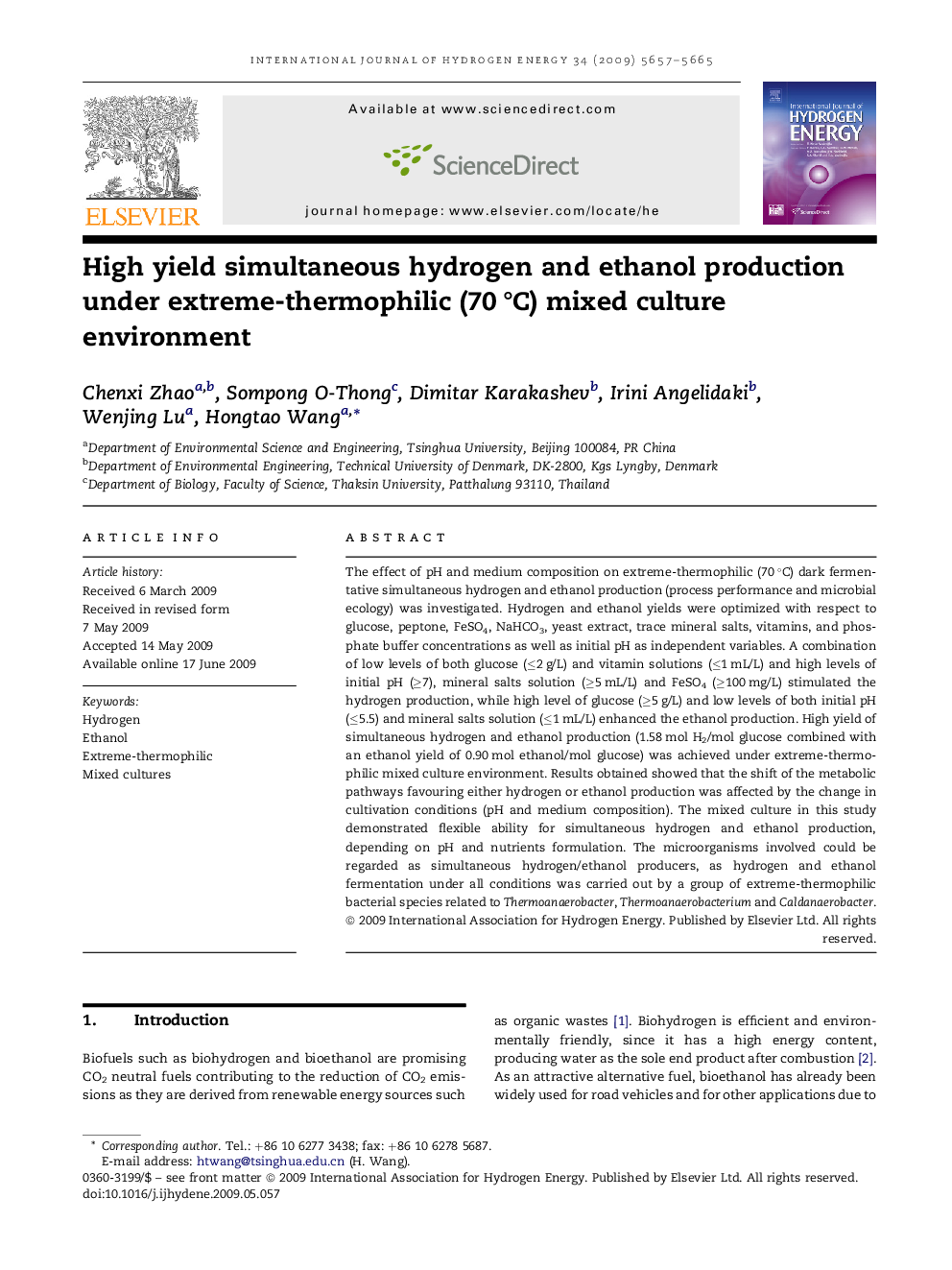 High yield simultaneous hydrogen and ethanol production under extreme-thermophilic (70 °C) mixed culture environment