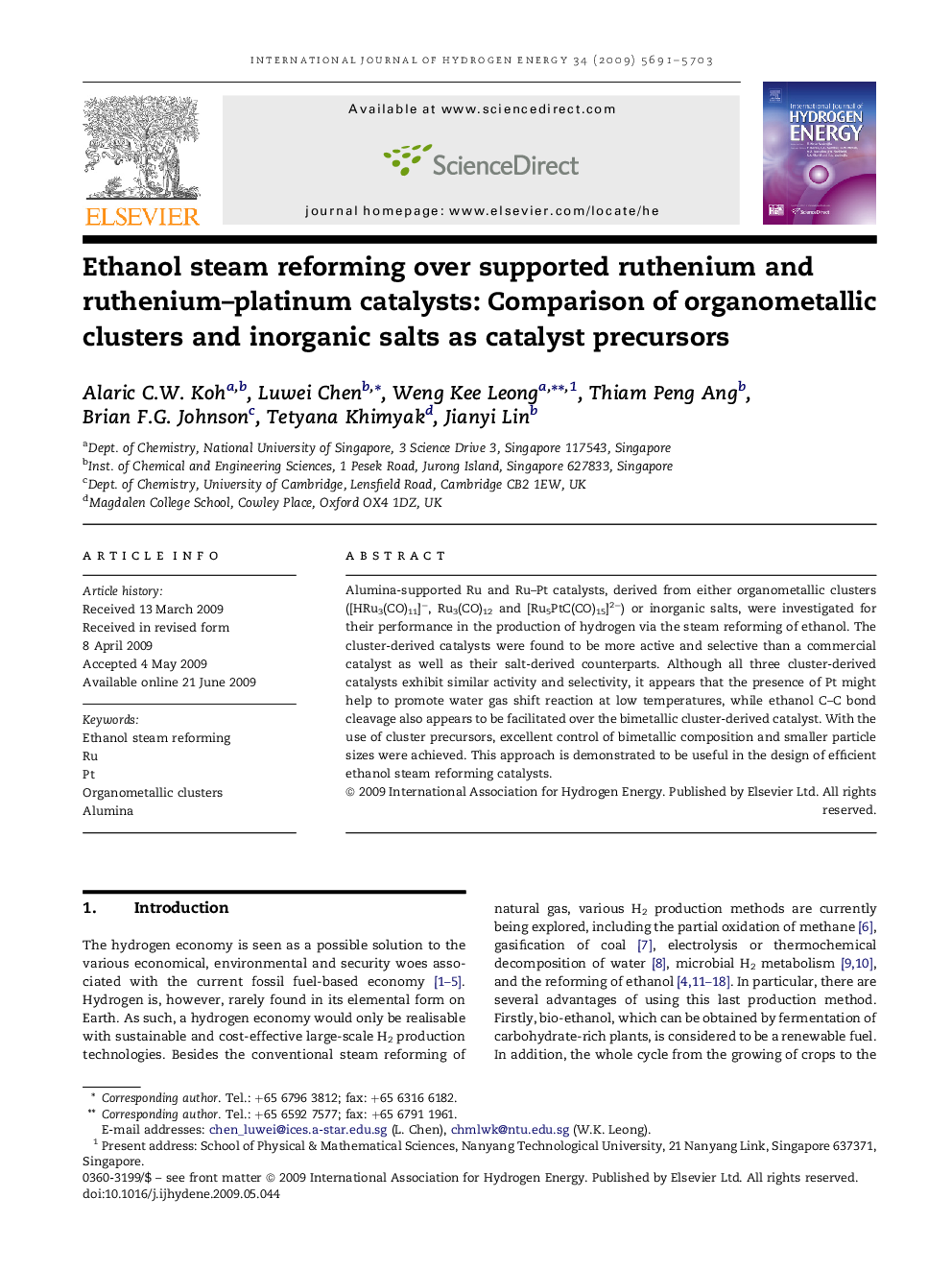 Ethanol steam reforming over supported ruthenium and ruthenium–platinum catalysts: Comparison of organometallic clusters and inorganic salts as catalyst precursors