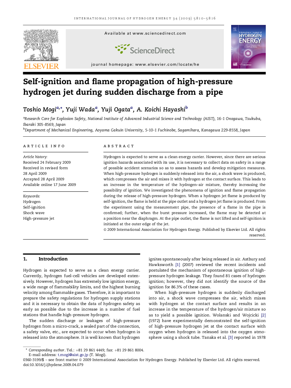 Self-ignition and flame propagation of high-pressure hydrogen jet during sudden discharge from a pipe