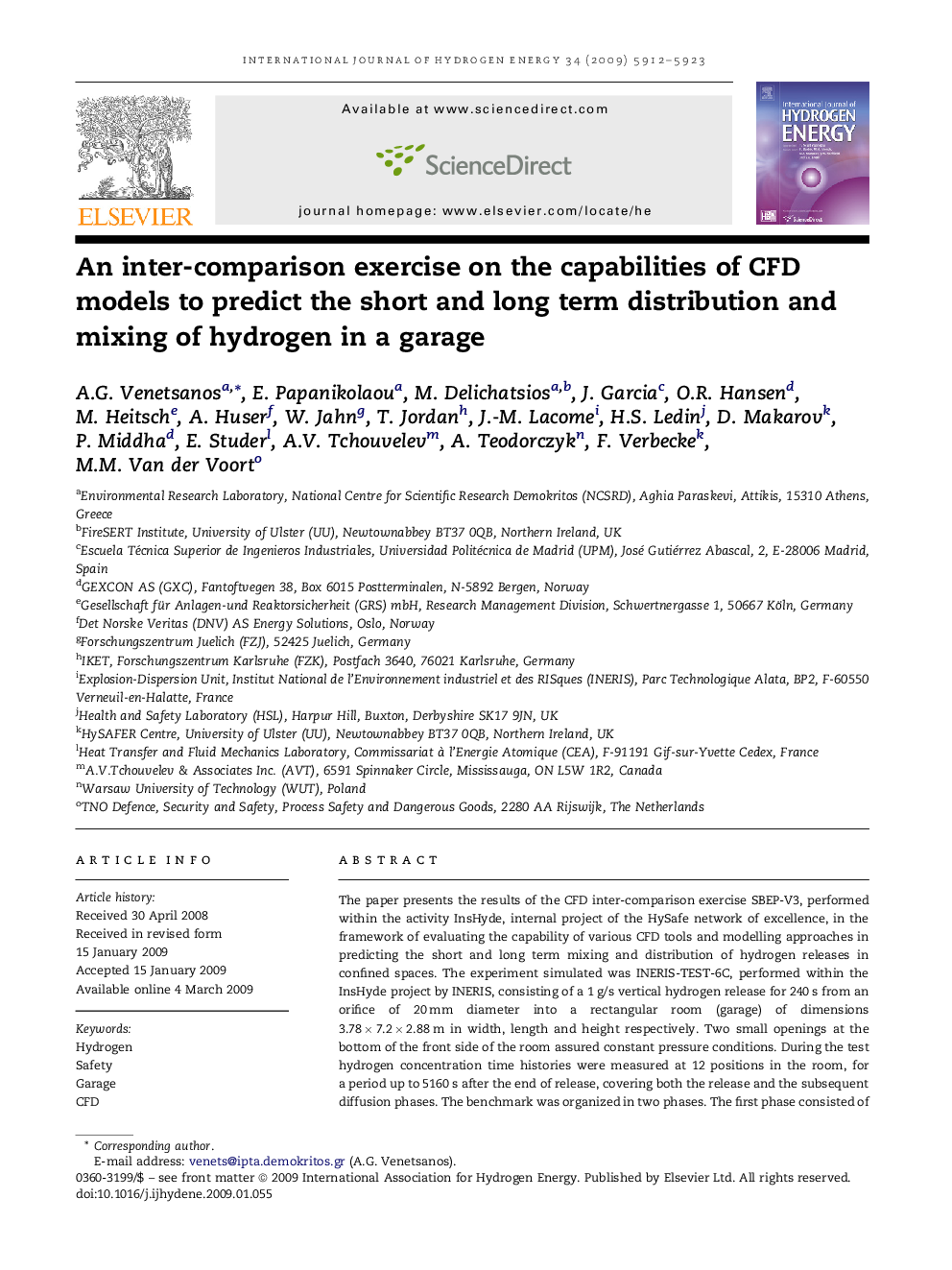 An inter-comparison exercise on the capabilities of CFD models to predict the short and long term distribution and mixing of hydrogen in a garage