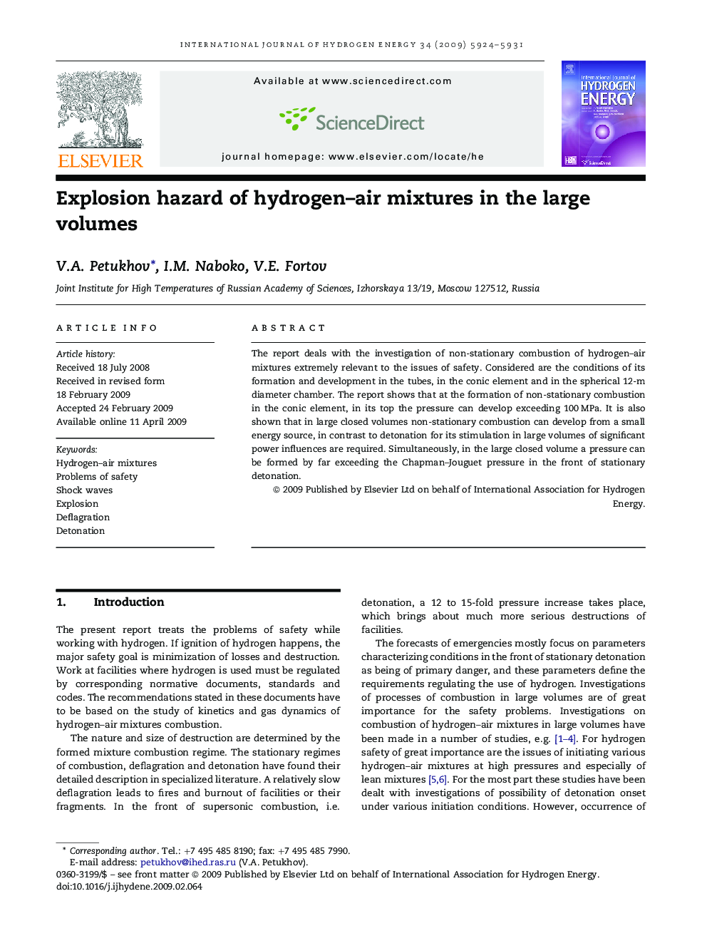 Explosion hazard of hydrogen–air mixtures in the large volumes