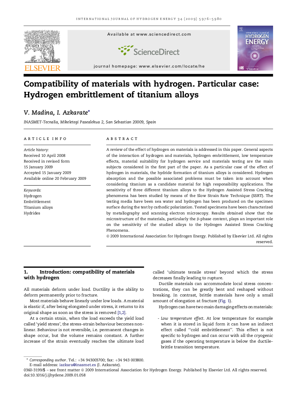 Compatibility of materials with hydrogen. Particular case: Hydrogen embrittlement of titanium alloys