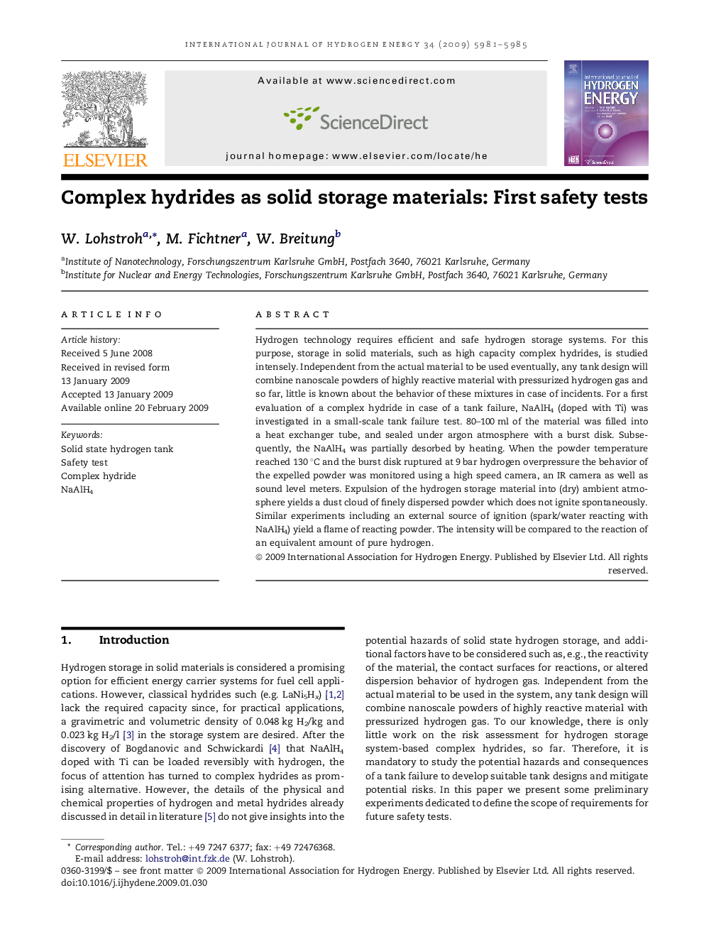 Complex hydrides as solid storage materials: First safety tests