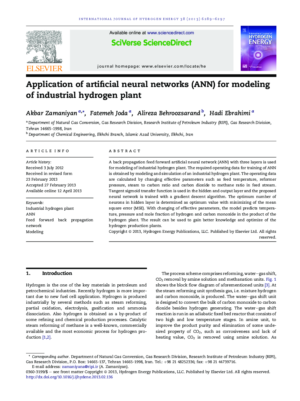 عکس صفحه اول مقاله: Application of artificial neural networks (ANN) for modeling of industrial hydrogen plant Application of artificial neural networks (ANN) for modeling of industrial hydrogen plant