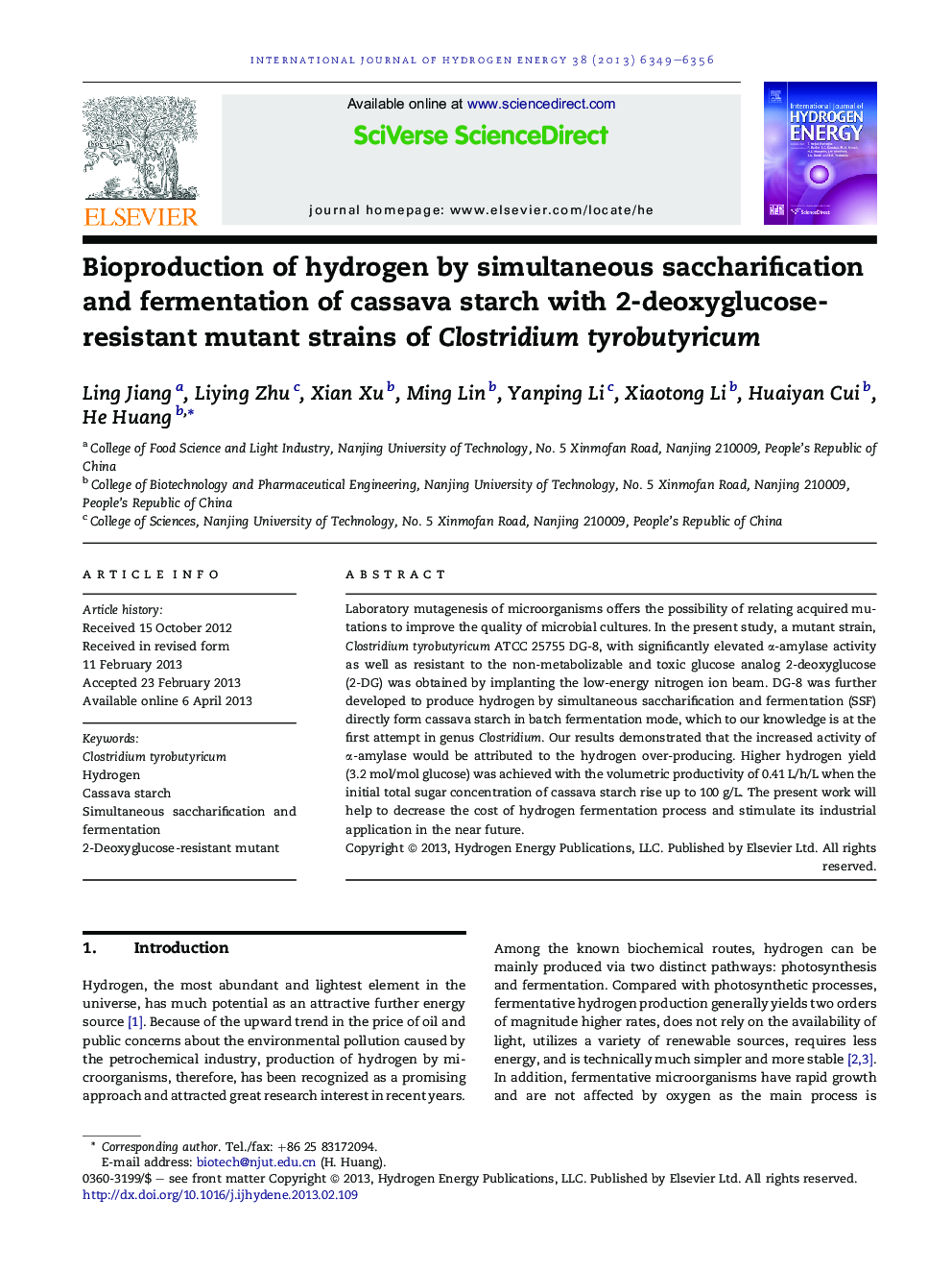 عکس صفحه اول مقاله: Bioproduction of hydrogen by simultaneous saccharification and fermentation of cassava starch with 2-deoxyglucose-resistant mutant strains of Clostridium tyrobutyricum Bioproduction of hydrogen by simultaneous saccharification and fermentation of cassava starch with 2-deoxyglucose-resistant mutant strains of Clostridium tyrobutyricum
