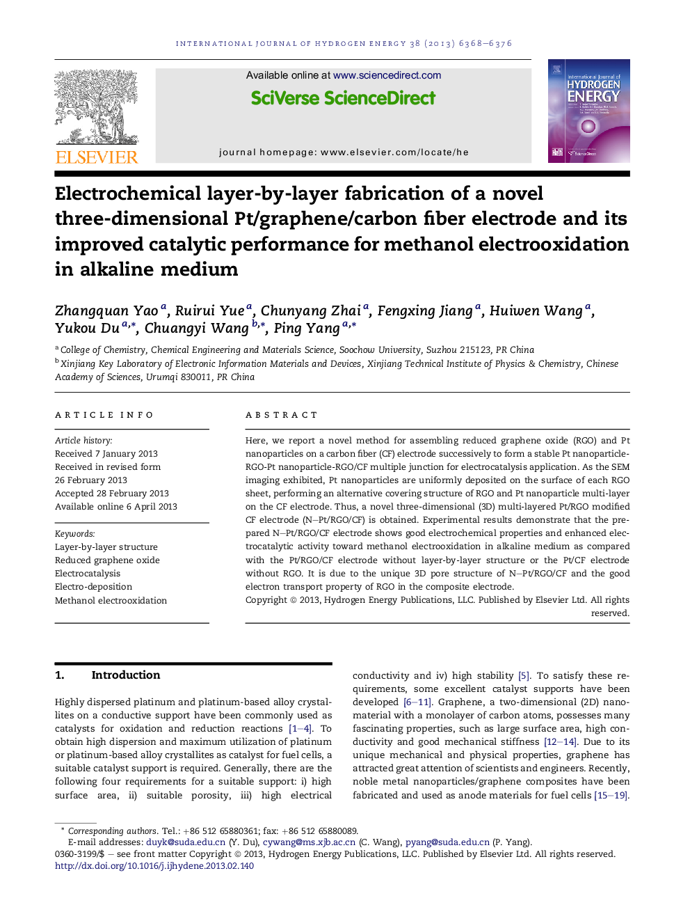 عکس صفحه اول مقاله: Electrochemical layer-by-layer fabrication of a novel three-dimensional Pt/graphene/carbon fiber electrode and its improved catalytic performance for methanol electrooxidation in alkaline medium Electrochemical layer-by-layer fabrication of a novel three-dimensional Pt/graphene/carbon fiber electrode and its improved catalytic performance for methanol electrooxidation in alkaline medium