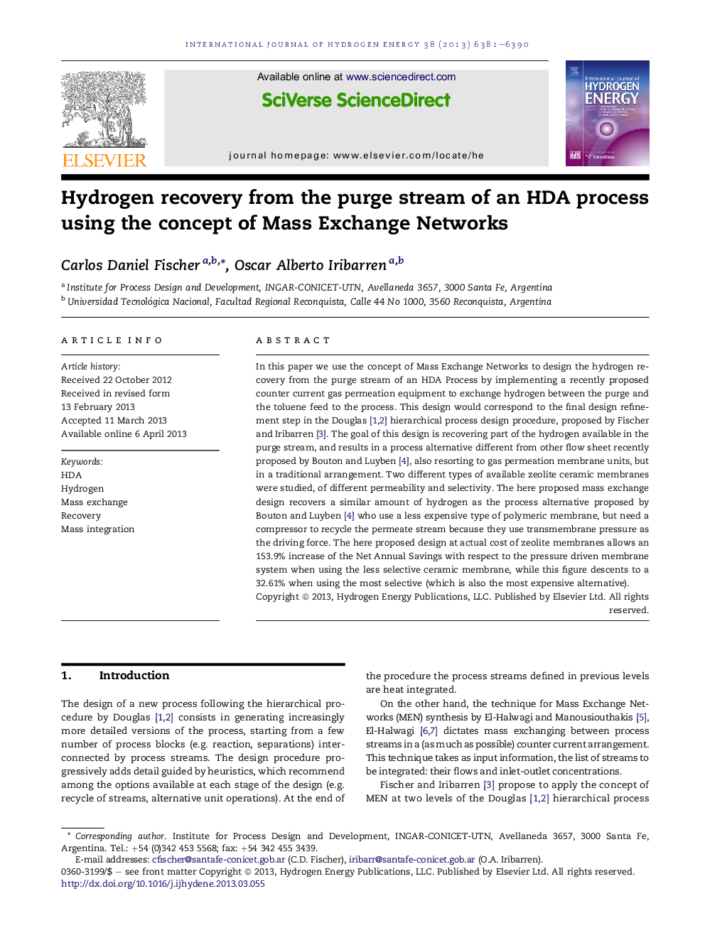 Hydrogen recovery from the purge stream of an HDA process using the concept of Mass Exchange Networks