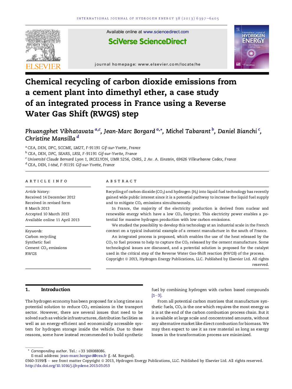 Chemical recycling of carbon dioxide emissions from a cement plant into dimethyl ether, a case study of an integrated process in France using a Reverse Water Gas Shift (RWGS) step