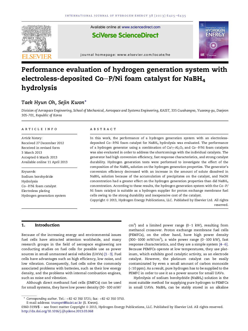 Performance evaluation of hydrogen generation system with electroless-deposited Co–P/Ni foam catalyst for NaBH4 hydrolysis