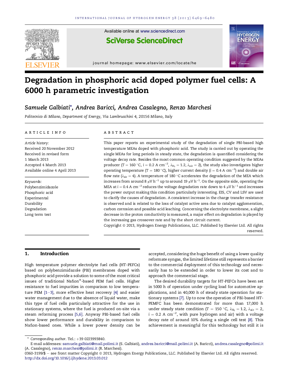عکس صفحه اول مقاله: Degradation in phosphoric acid doped polymer fuel cells: A 6000 h parametric investigation Degradation in phosphoric acid doped polymer fuel cells: A 6000 h parametric investigation