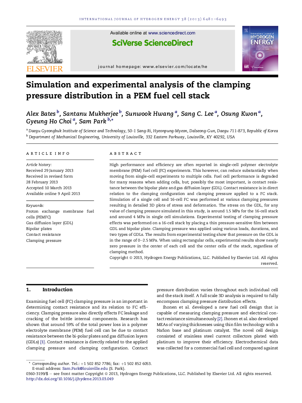 Simulation and experimental analysis of the clamping pressure distribution in a PEM fuel cell stack