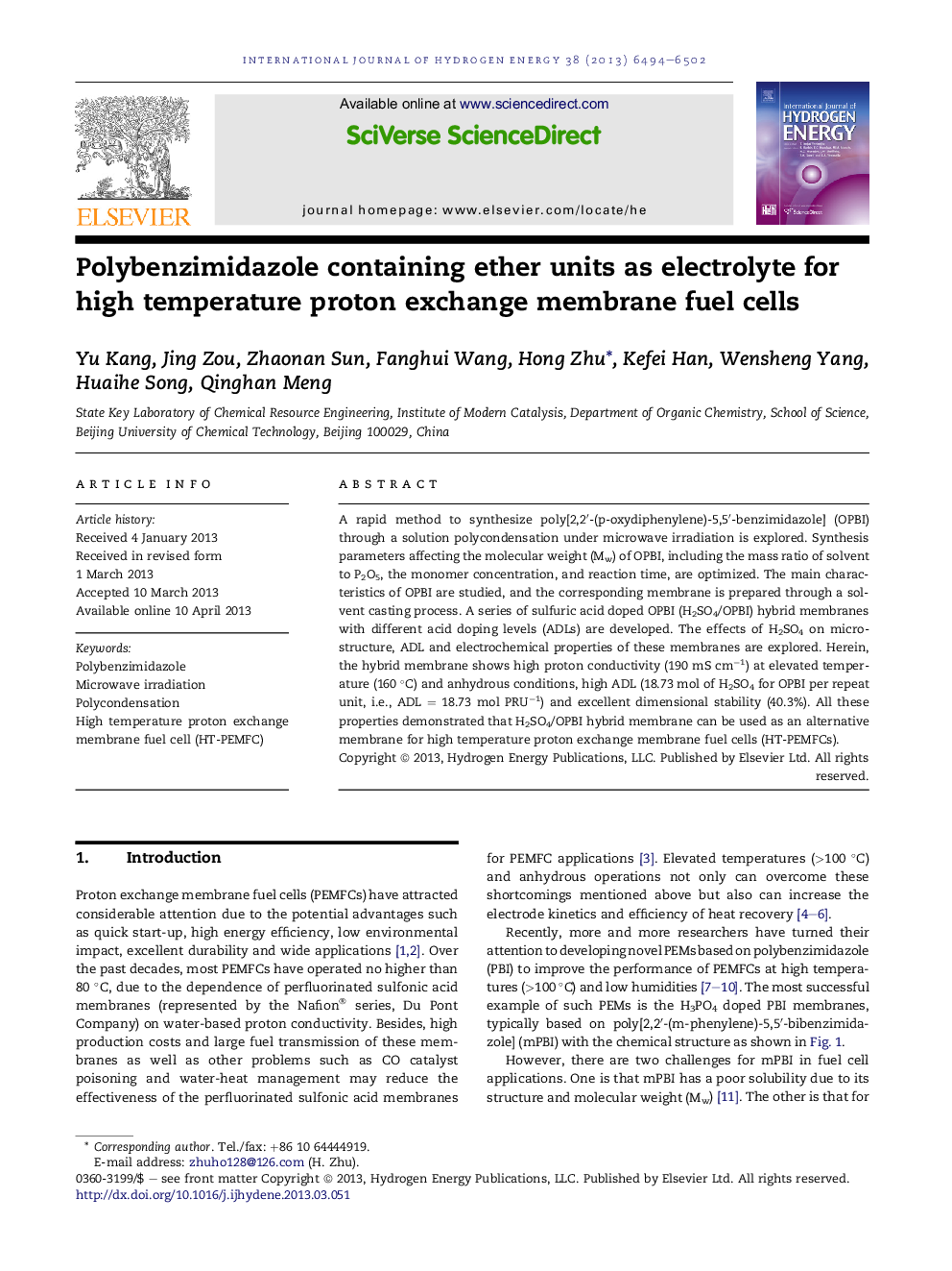 عکس صفحه اول مقاله: Polybenzimidazole containing ether units as electrolyte for high temperature proton exchange membrane fuel cells Polybenzimidazole containing ether units as electrolyte for high temperature proton exchange membrane fuel cells