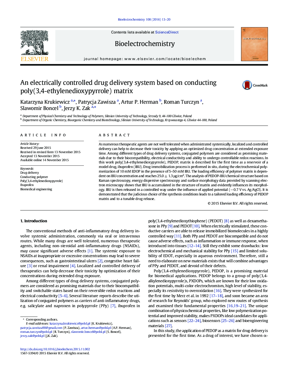 An electrically controlled drug delivery system based on conducting poly(3,4-ethylenedioxypyrrole) matrix