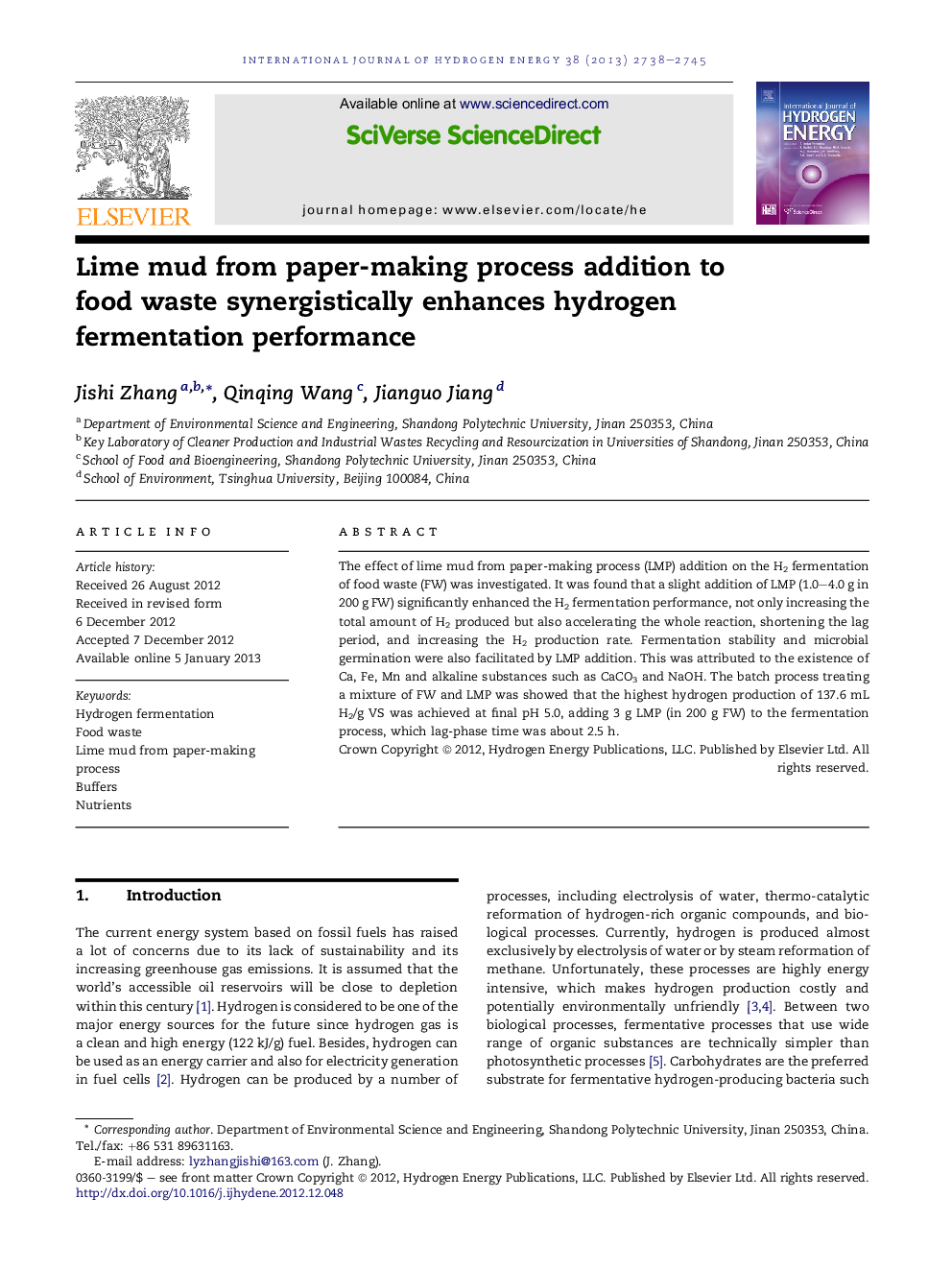 Lime mud from paper-making process addition to food waste synergistically enhances hydrogen fermentation performance