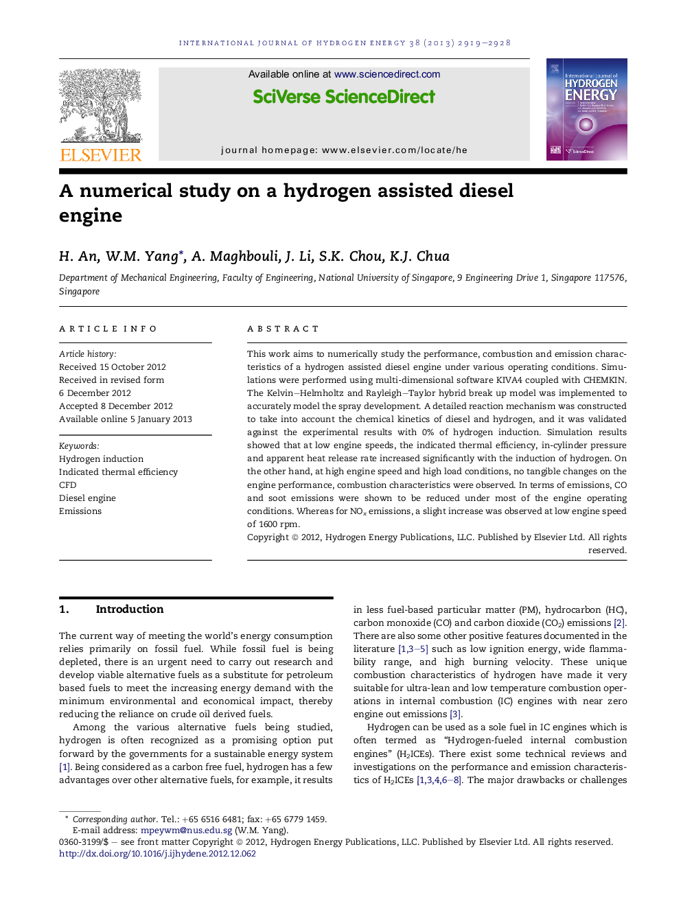 A numerical study on a hydrogen assisted diesel engine