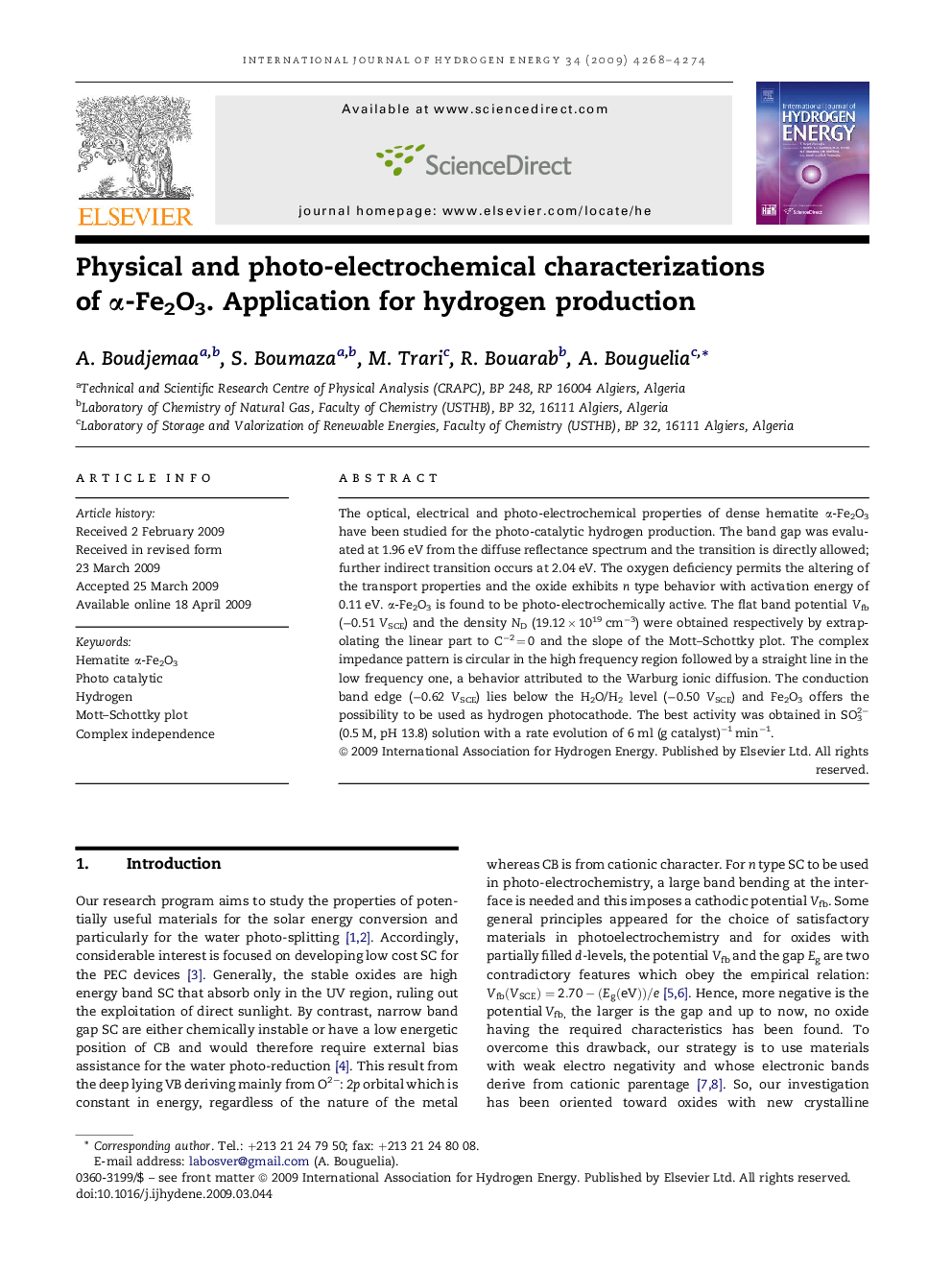 Physical and photo-electrochemical characterizations of α-Fe2O3. Application for hydrogen production