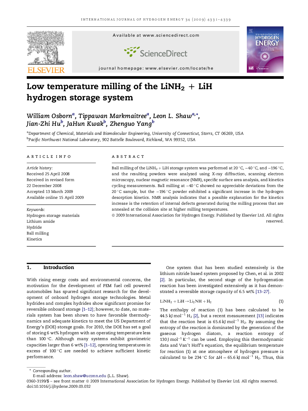 Low temperature milling of the LiNH2 + LiH hydrogen storage system