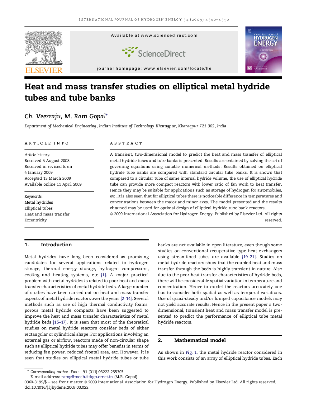 Heat and mass transfer studies on elliptical metal hydride tubes and tube banks