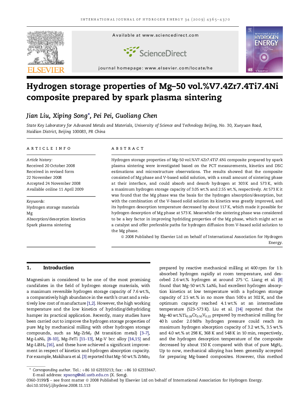 Hydrogen storage properties of Mg–50 vol.%V7.4Zr7.4Ti7.4Ni composite prepared by spark plasma sintering