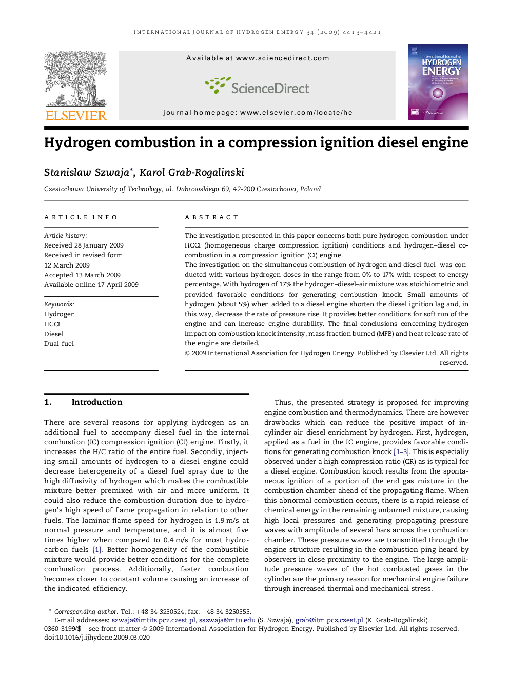 Hydrogen combustion in a compression ignition diesel engine