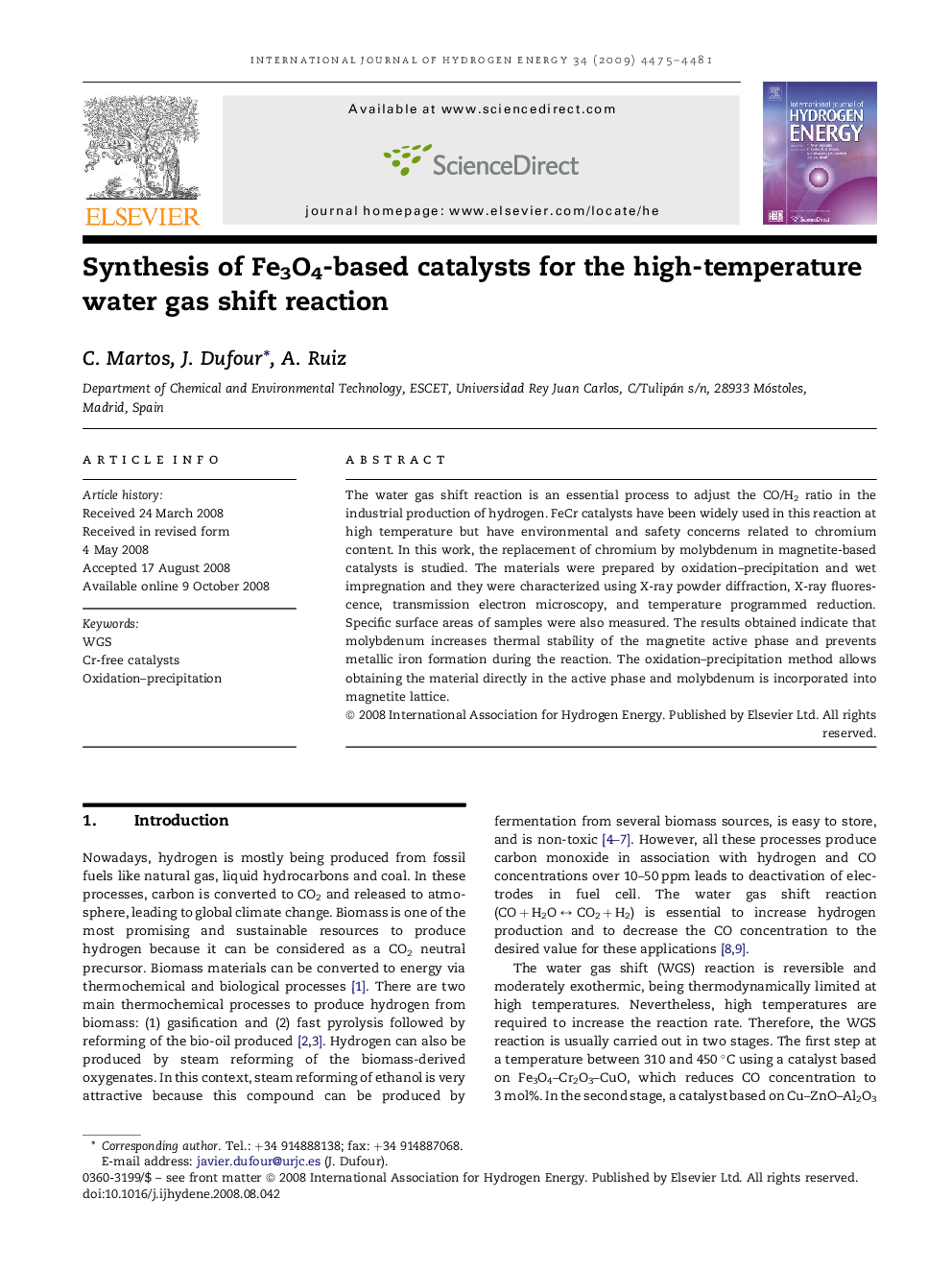 Synthesis of Fe3O4-based catalysts for the high-temperature water gas shift reaction