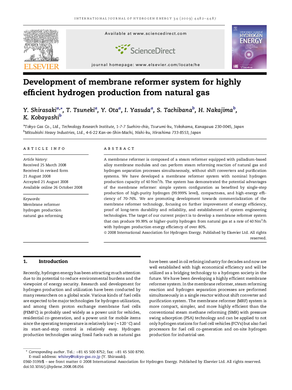 Development of membrane reformer system for highly efficient hydrogen production from natural gas