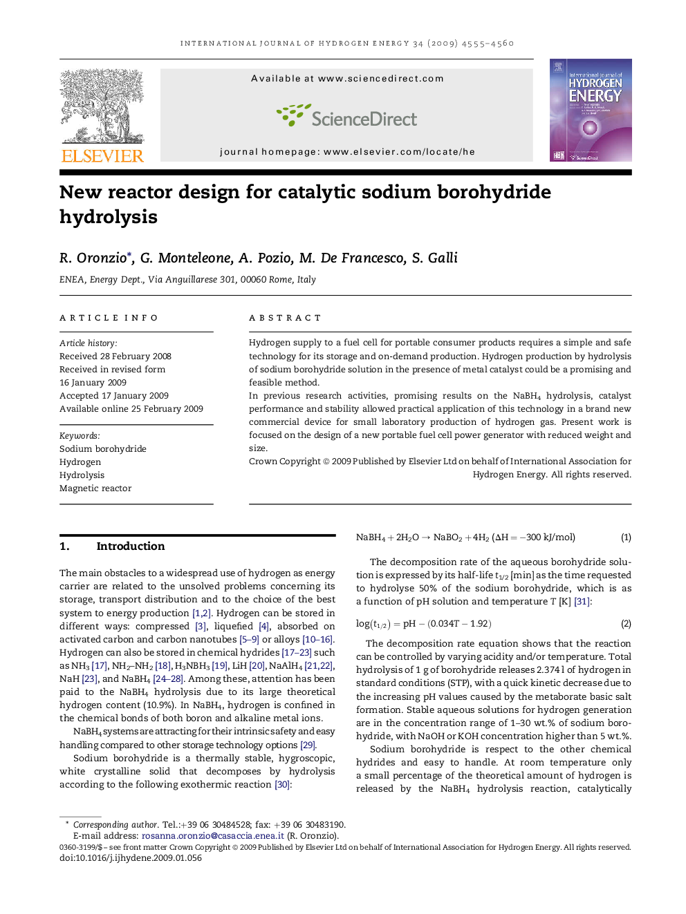 New reactor design for catalytic sodium borohydride hydrolysis