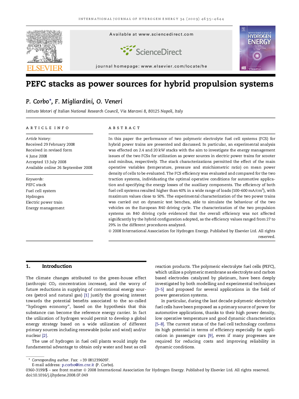 PEFC stacks as power sources for hybrid propulsion systems