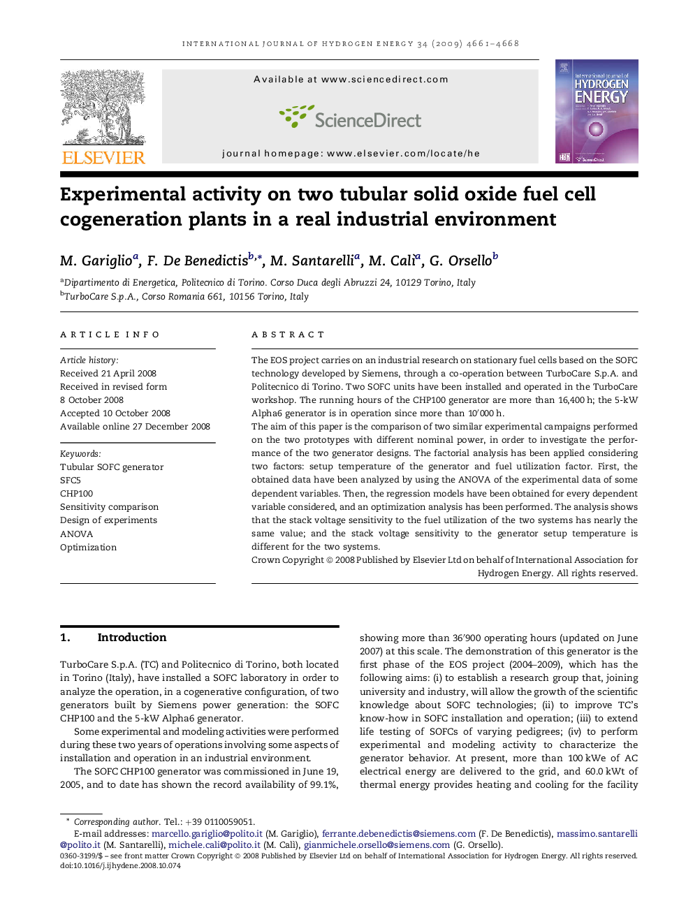 Experimental activity on two tubular solid oxide fuel cell cogeneration plants in a real industrial environment