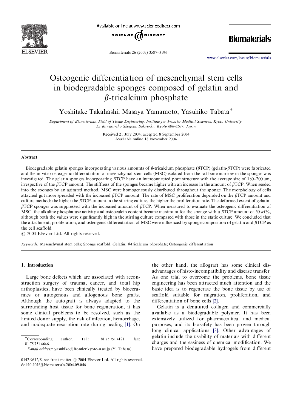 Osteogenic differentiation of mesenchymal stem cells in biodegradable sponges composed of gelatin and β-tricalcium phosphate