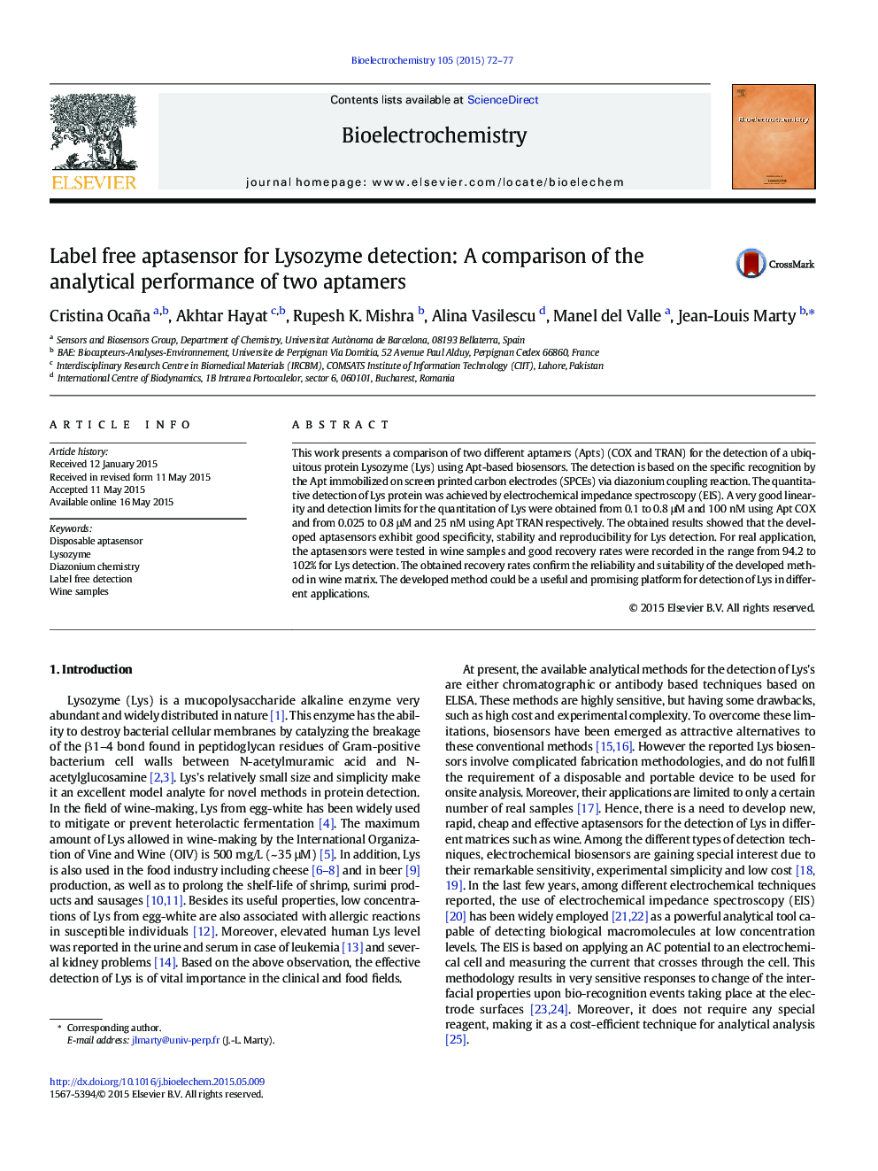 Label free aptasensor for Lysozyme detection: A comparison of the analytical performance of two aptamers