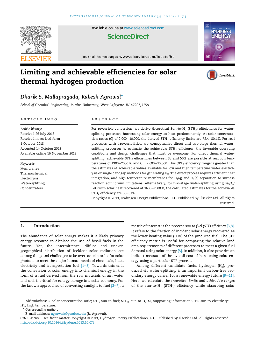 Limiting and achievable efficiencies for solar thermal hydrogen production